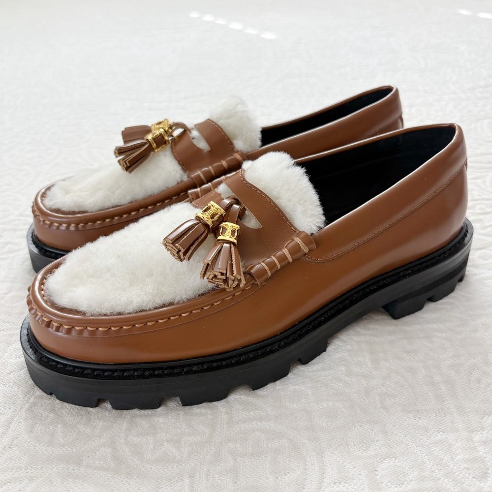 Celine Margaret Triomphe Shearling Tassel Loafers‎ Sz 39